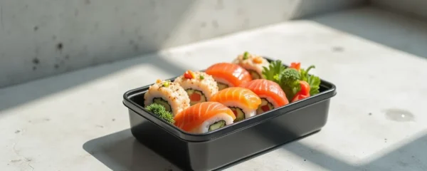 Plateau de sushis frais dans un emballage transparent haut de gamme avec design épuré, élégance minimaliste
